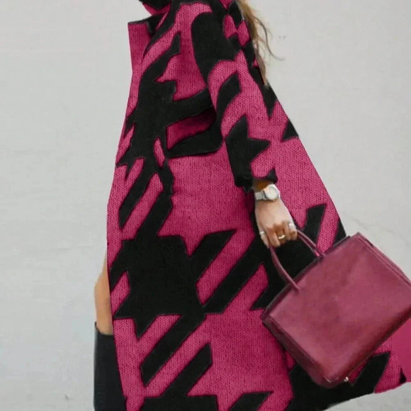 Hot Pink Casual Women's Trendy Colorblock Long Sleeve Knitted Cardigan - Picture 2 of 5